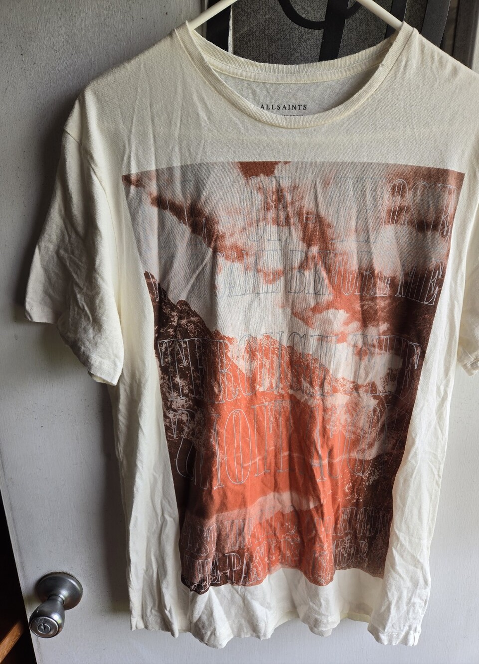 All Saints Cream Short Sleeve Tee with Orange Graphic